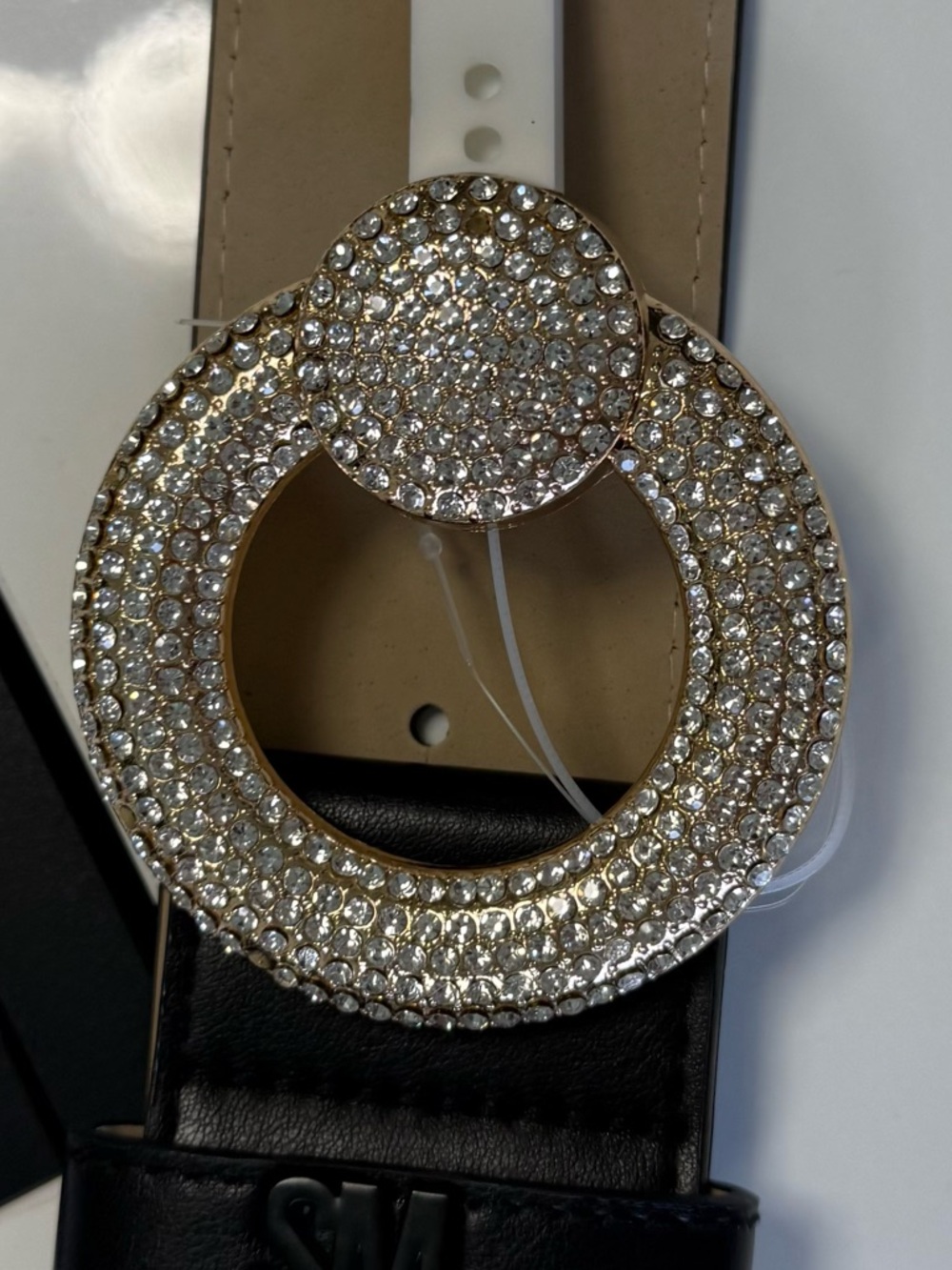 Steve Madden Women's Rhinestone Circle Buckle Elastic Waist Belt Black/Gold, NWT - Picture 6 of 8
